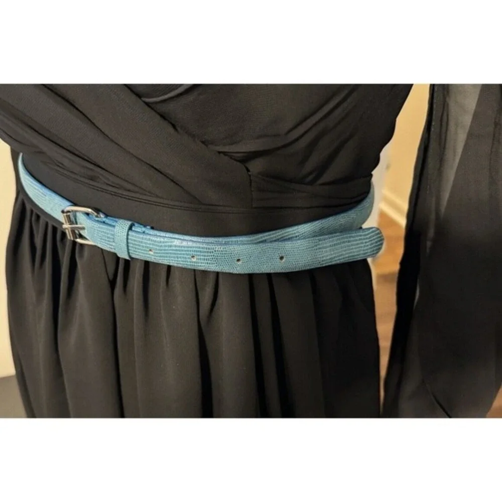 Ann Taylor Blue Lizard‎ Embossed Genuine Leather Slim Belt Silver Buckle S 47-85